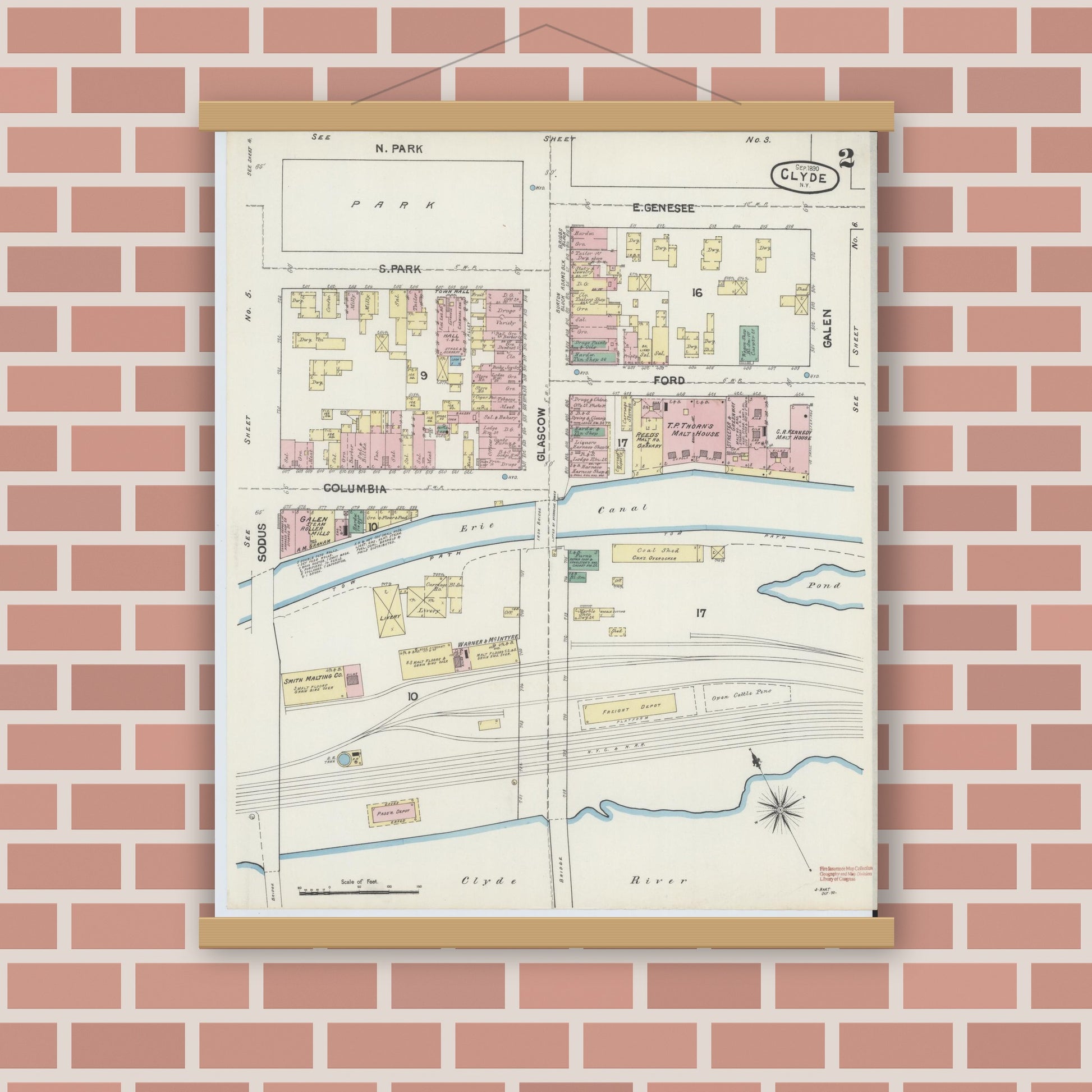 Old map wall art mockup — magnetic wood frame on brick wall — Sanborn Fire Insurance Map from Clyde, Wayne County, New York (1890), Sheet #0002