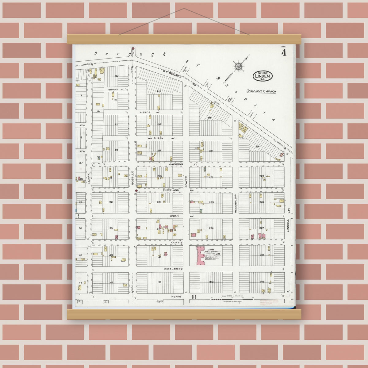 Old map wall art mockup — magnetic wood frame on brick wall — Sanborn Fire Insurance Map from Linden, Union County, New Jersey (1920), Sheet #0004