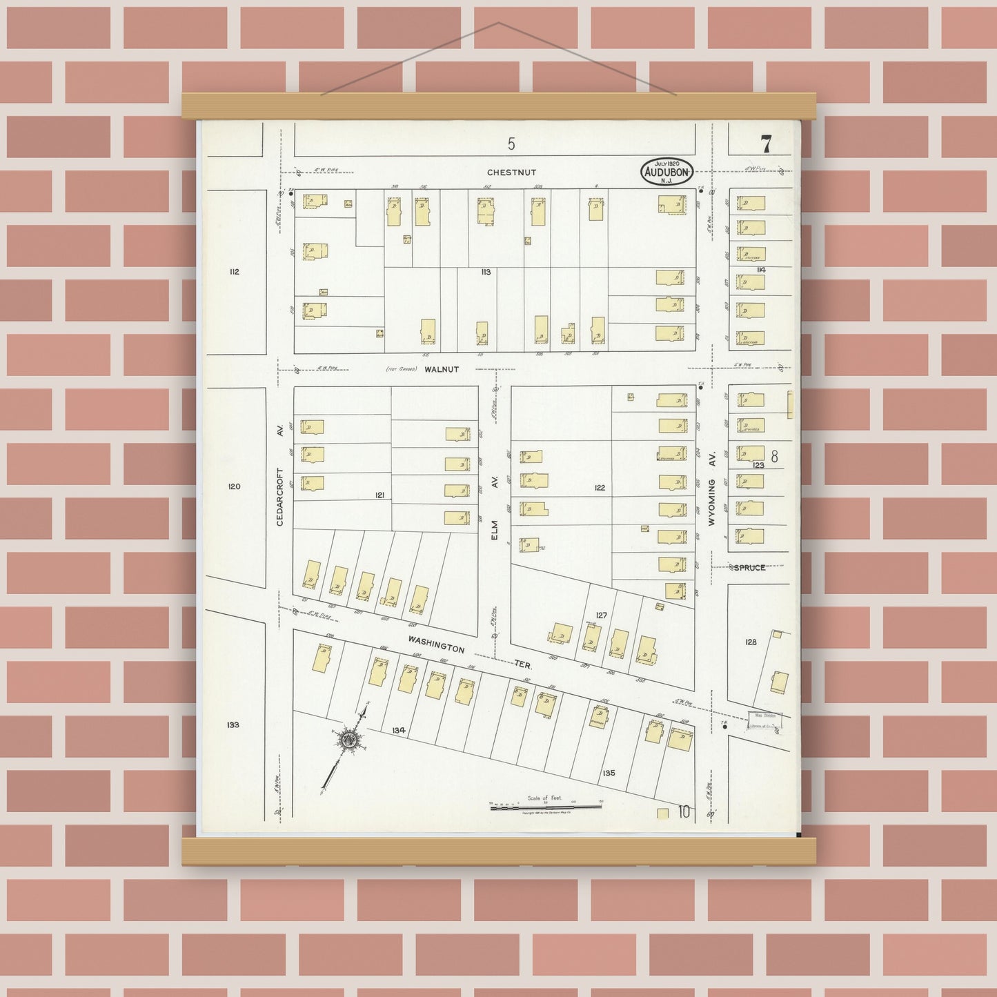 Old map wall art mockup — magnetic wood frame on brick wall — Sanborn Fire Insurance Map from Audubon, Camden County, New Jersey (1920), Sheet #0007