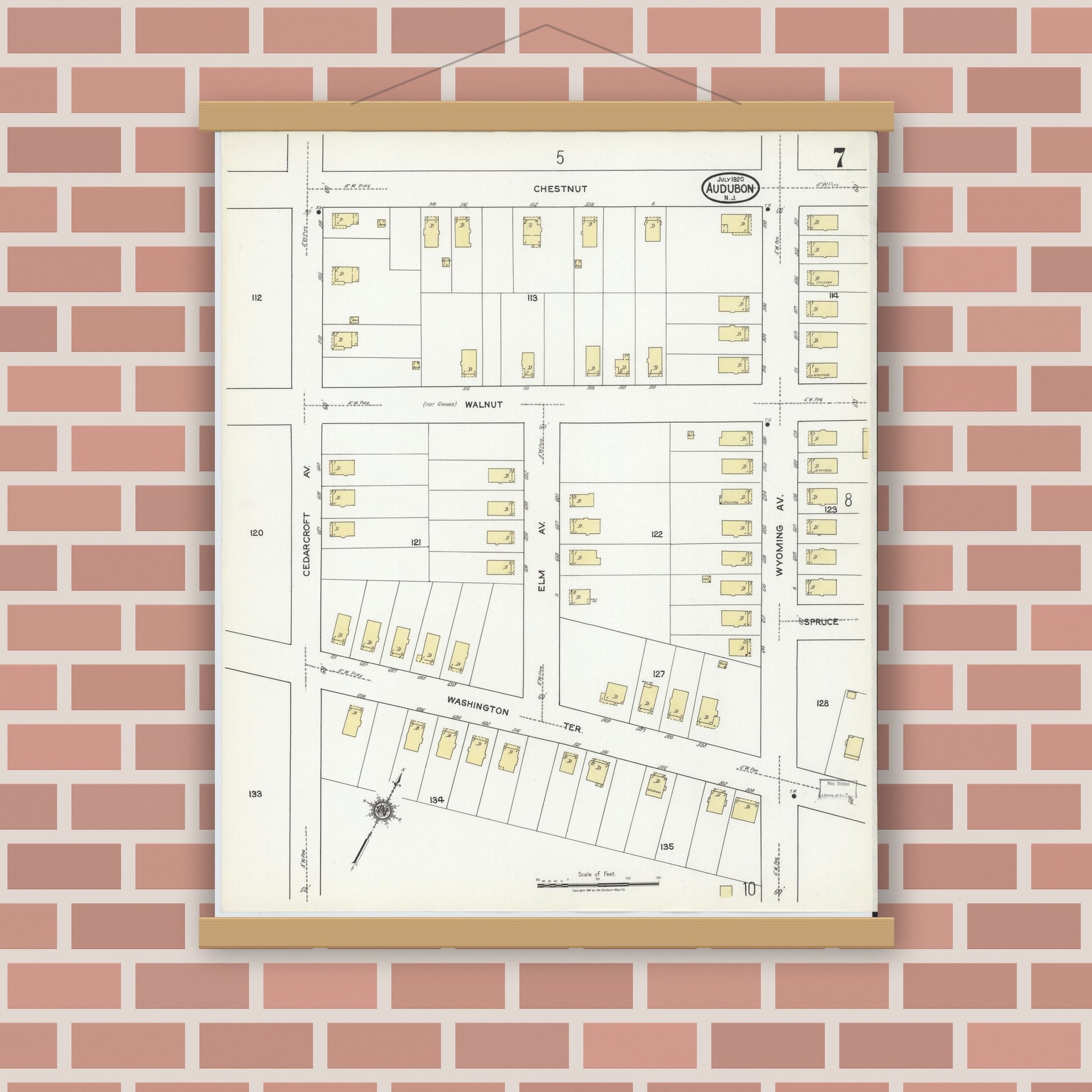 Old map wall art mockup — magnetic wood frame on brick wall — Sanborn Fire Insurance Map from Audubon, Camden County, New Jersey (1920), Sheet #0007