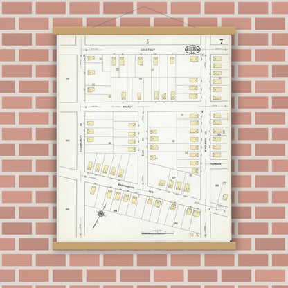 Old map wall art mockup — magnetic wood frame on brick wall — Sanborn Fire Insurance Map from Audubon, Camden County, New Jersey (1920), Sheet #0007