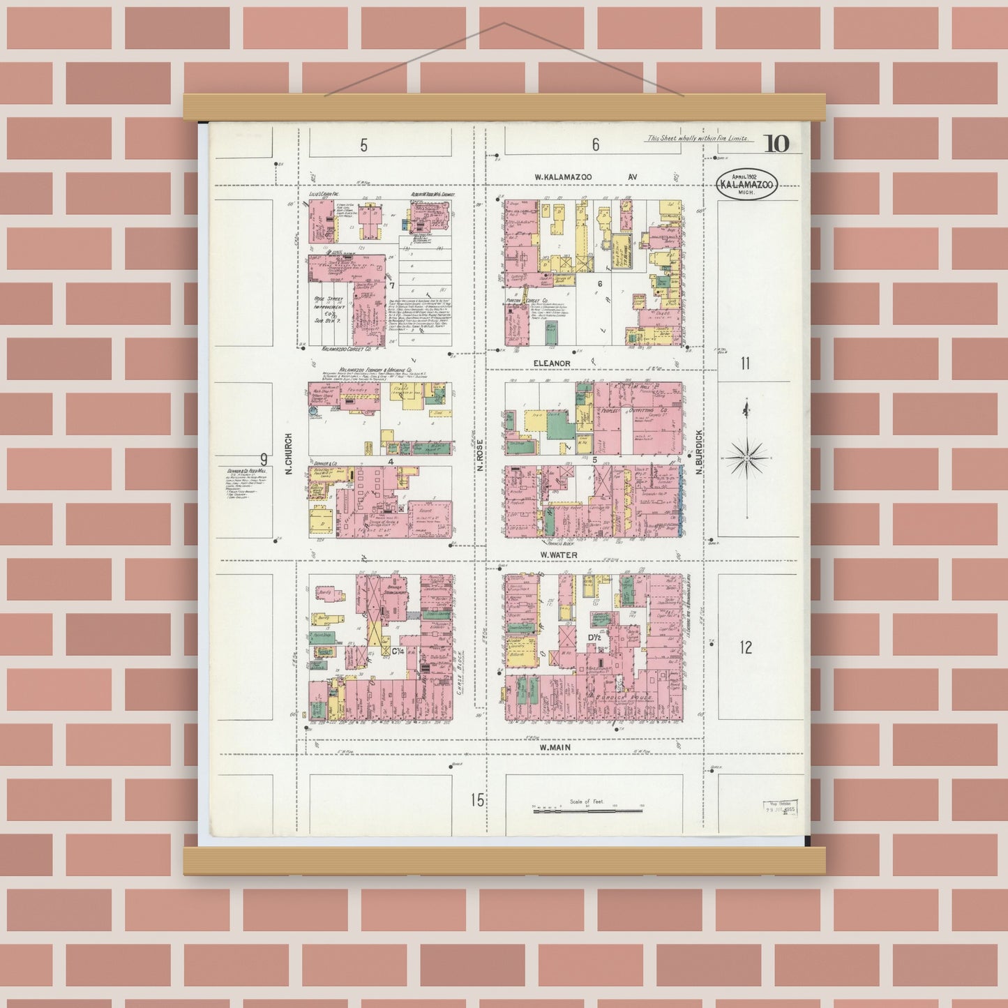 Old map wall art mockup — magnetic wood frame on brick wall — Sanborn Fire Insurance Map from Kalamazoo, Kalamazoo County, Michigan (1902), Sheet #0010