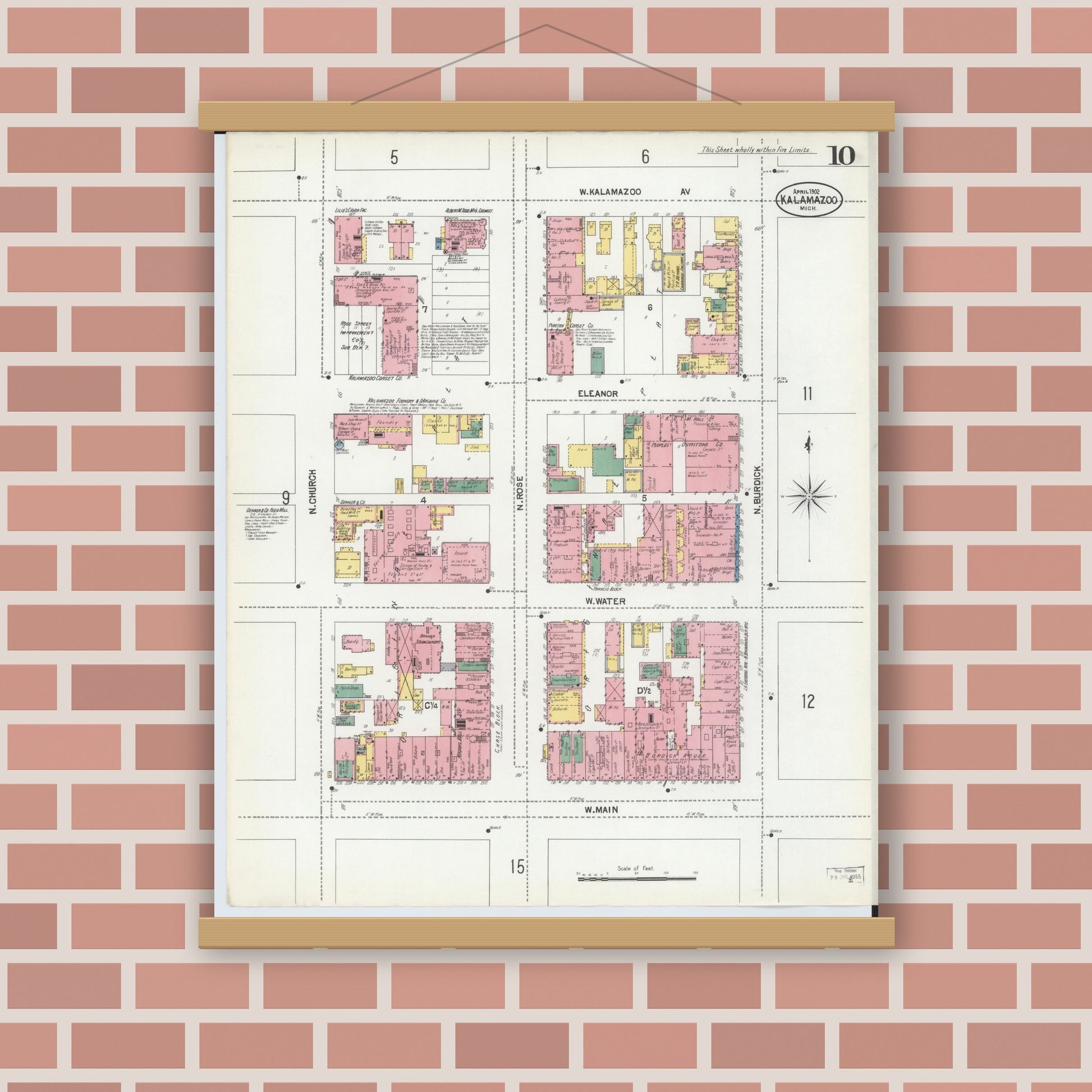 Old map wall art mockup — magnetic wood frame on brick wall — Sanborn Fire Insurance Map from Kalamazoo, Kalamazoo County, Michigan (1902), Sheet #0010