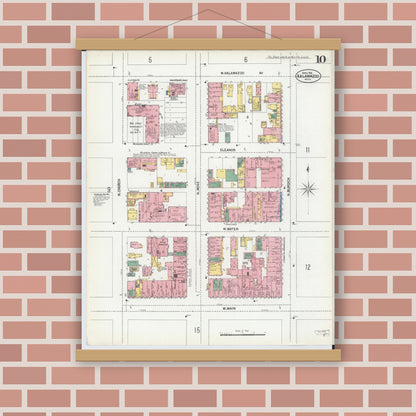 Old map wall art mockup — magnetic wood frame on brick wall — Sanborn Fire Insurance Map from Kalamazoo, Kalamazoo County, Michigan (1902), Sheet #0010