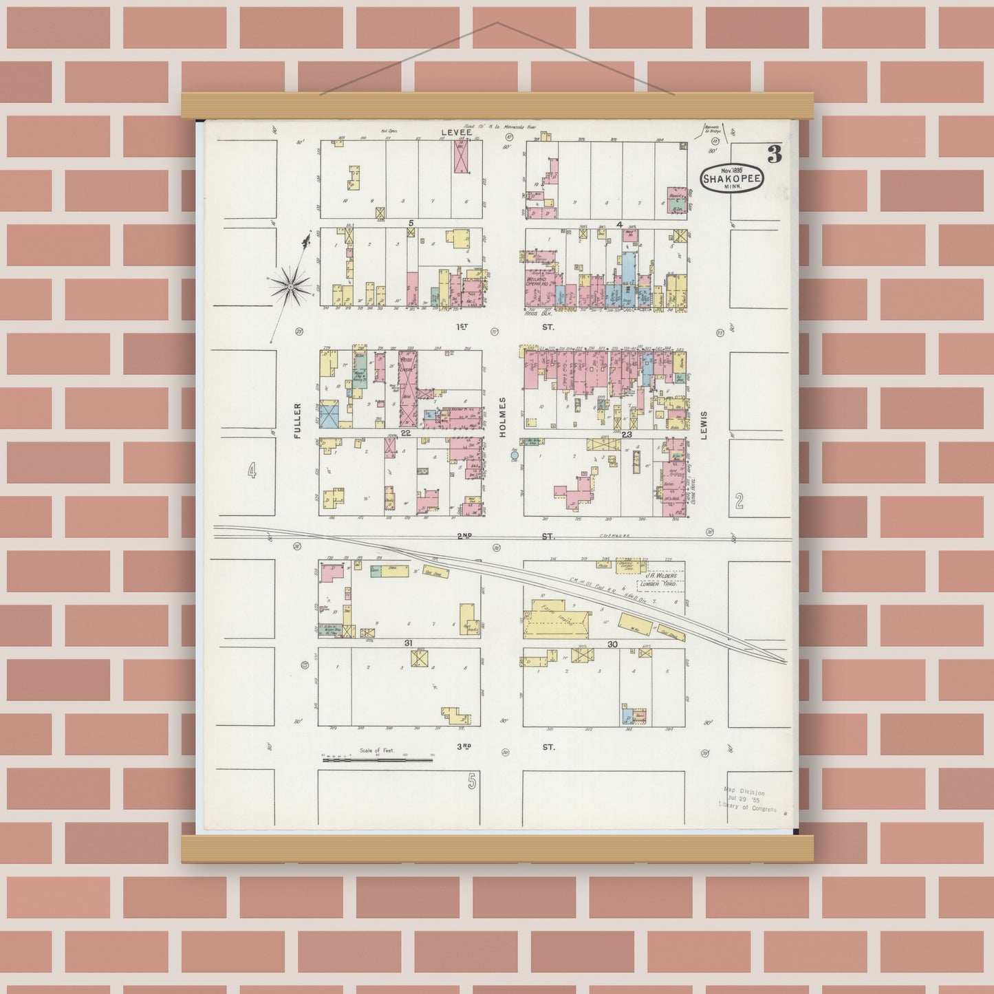 Old map wall art mockup — magnetic wood frame on brick wall — Sanborn Fire Insurance Map from Shakopee, Scott County, Minnesota (1895), Sheet #0003