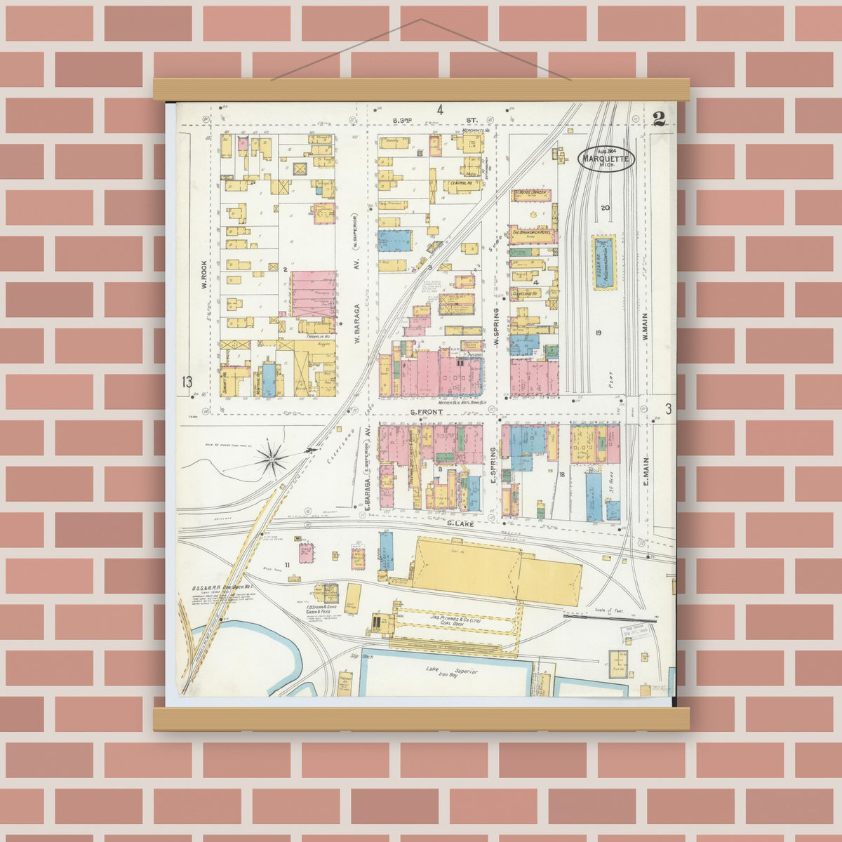 Old map wall art mockup — magnetic wood frame on brick wall — Sanborn Fire Insurance Map from Marquette, Marquette County, Michigan (1904), Sheet #0002
