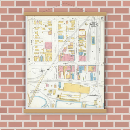 Old map wall art mockup — magnetic wood frame on brick wall — Sanborn Fire Insurance Map from Marquette, Marquette County, Michigan (1904), Sheet #0002