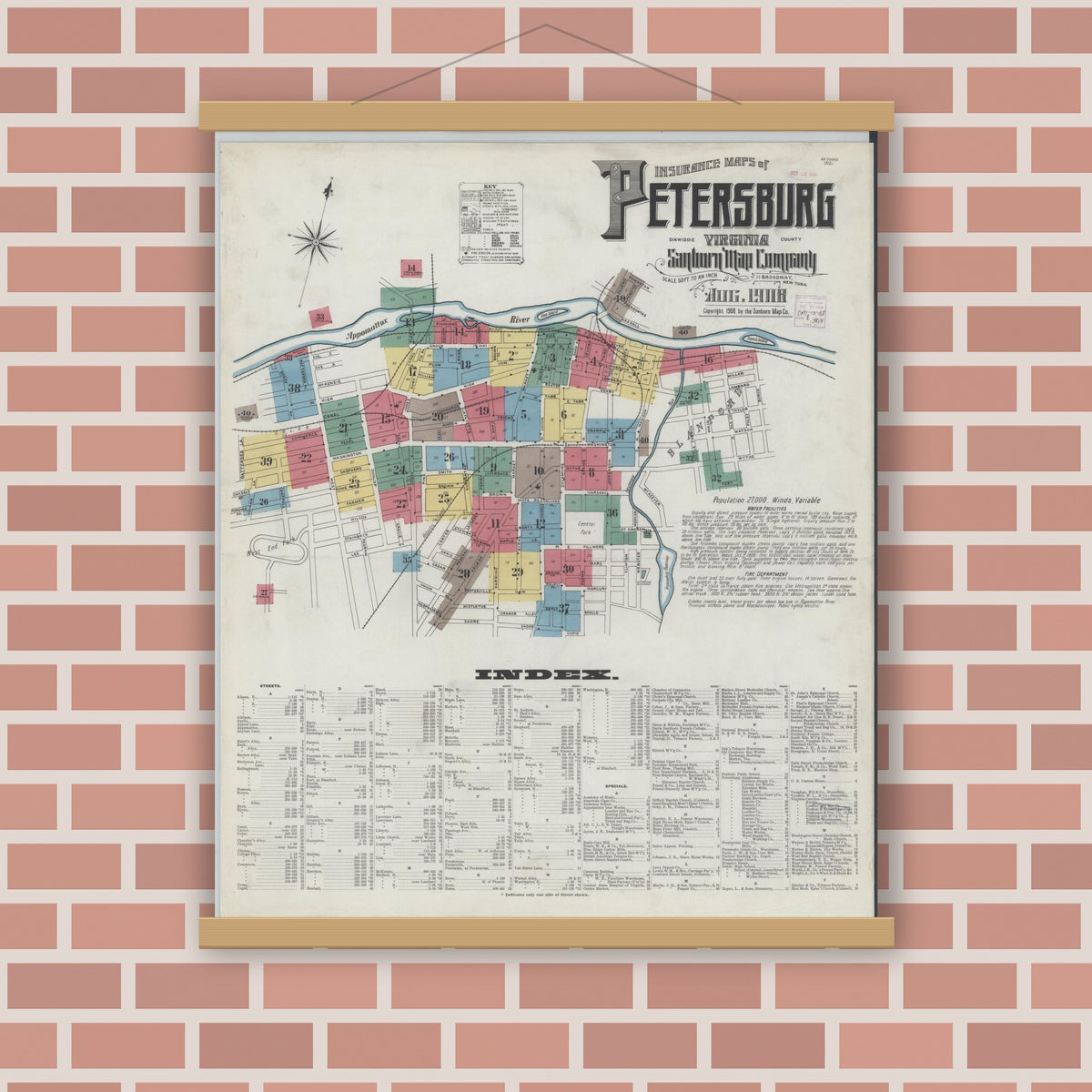 Old map wall art mockup — magnetic wood frame on brick wall — Sanborn Fire Insurance Map from Petersburg, Independent Cities, Virginia (1908) - Complete Map Set