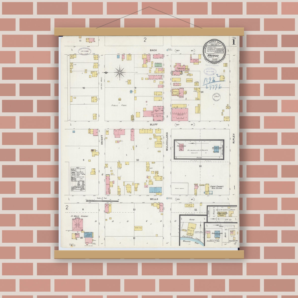 Old map wall art mockup — magnetic wood frame on brick wall — Sanborn Fire Insurance Map from Nauvoo, Hancock County, Illinois (1898) - Complete Map Set