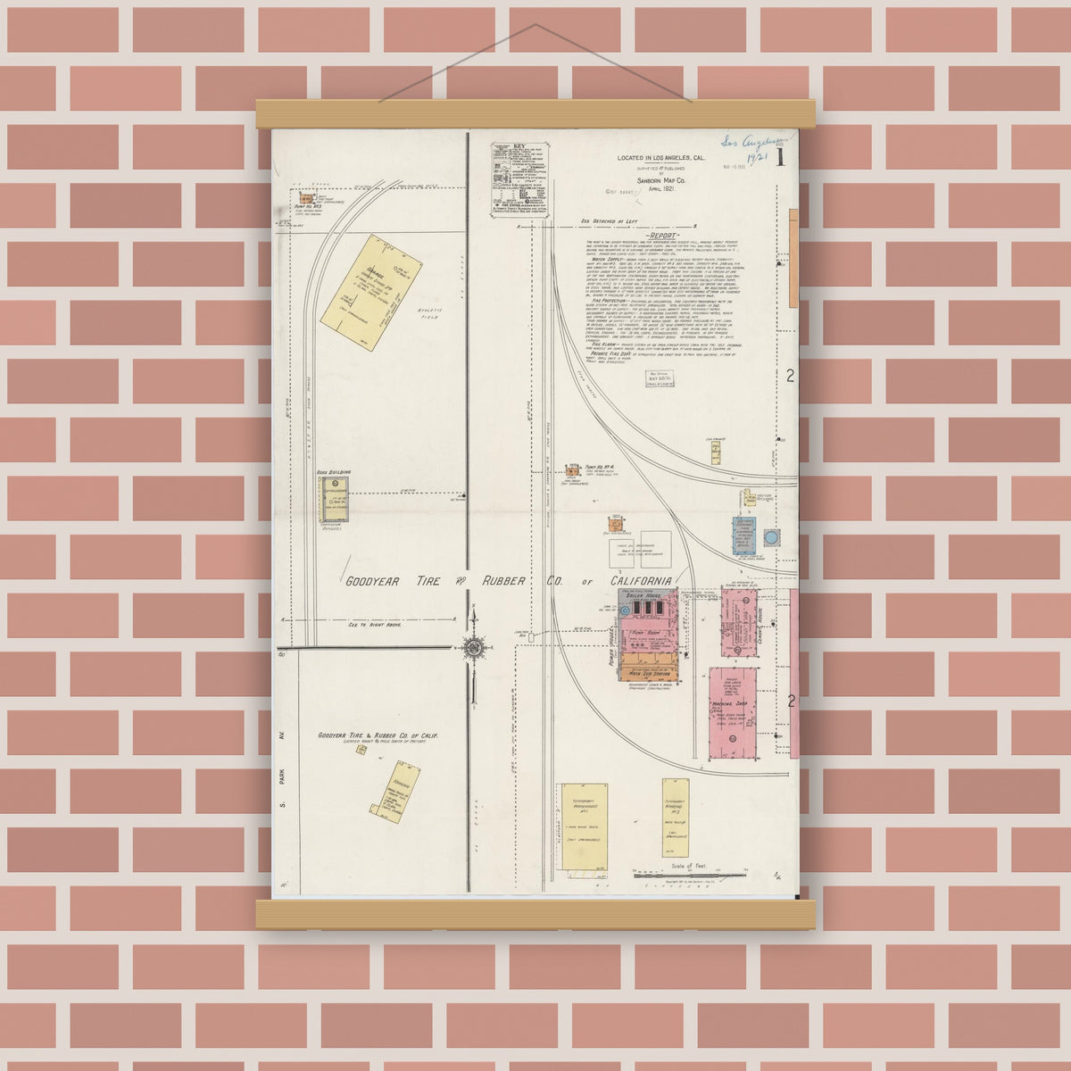 Old map wall art mockup — magnetic wood frame on brick wall — Sanborn Fire Insurance Map from Los Angeles Co., Los Angeles County, California (1921) - Complete Map Set