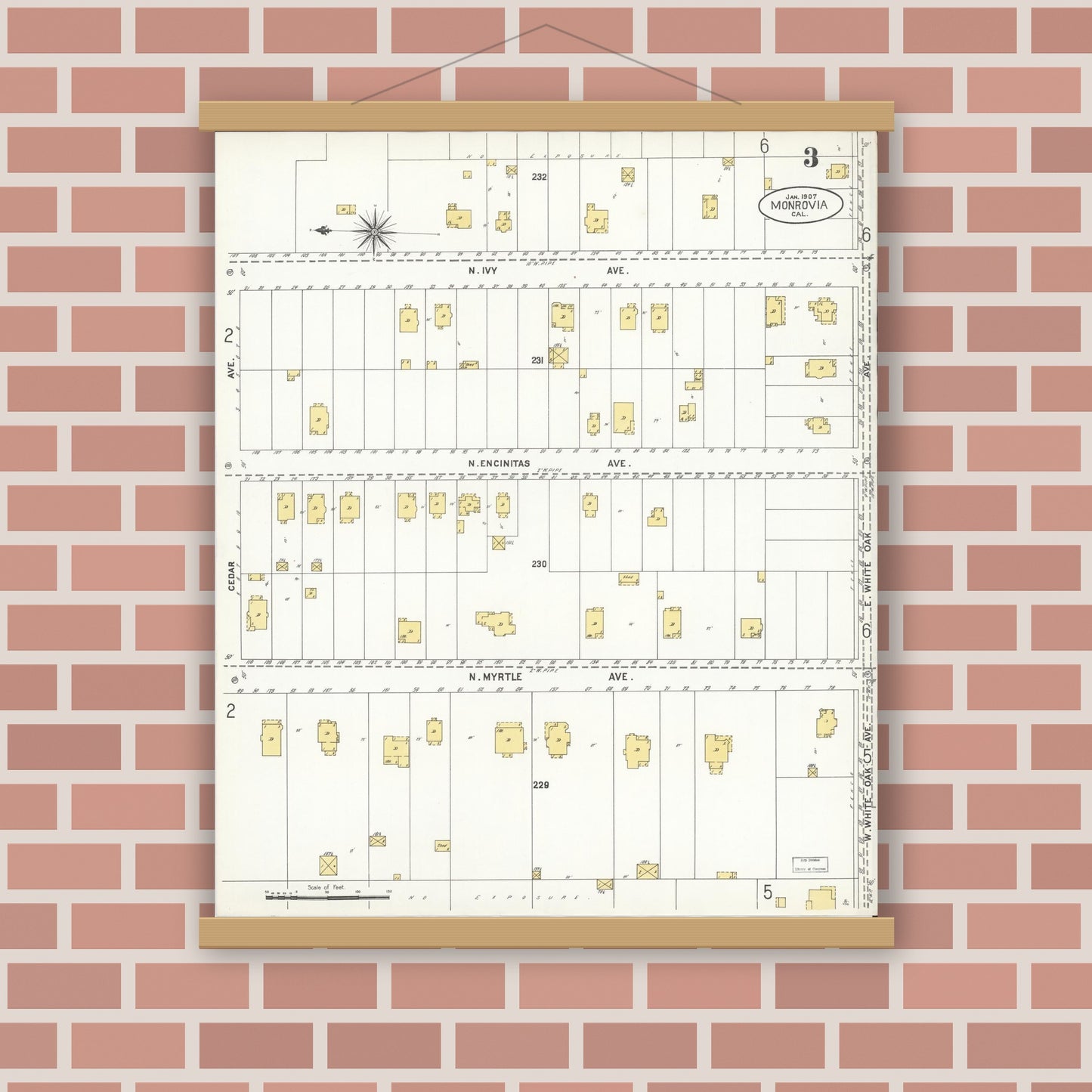Old map wall art mockup — magnetic wood frame on brick wall — Sanborn Fire Insurance Map from Monrovia, Los Angeles County, California (1907), Sheet #0003