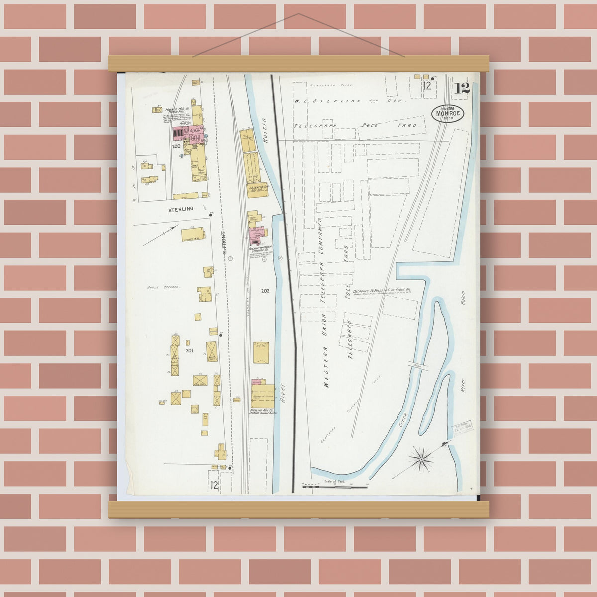 Old map wall art mockup — magnetic wood frame on brick wall — Sanborn Fire Insurance Map from Monroe, Monroe County, Michigan (1899), Sheet #0012