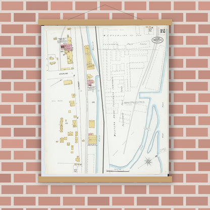 Old map wall art mockup — magnetic wood frame on brick wall — Sanborn Fire Insurance Map from Monroe, Monroe County, Michigan (1899), Sheet #0012