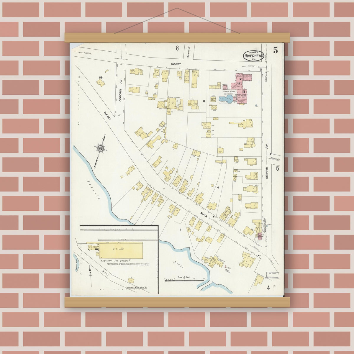 Old map wall art mockup — magnetic wood frame on brick wall — Sanborn Fire Insurance Map from Riverhead, Suffolk County, New York (1909), Sheet #0005