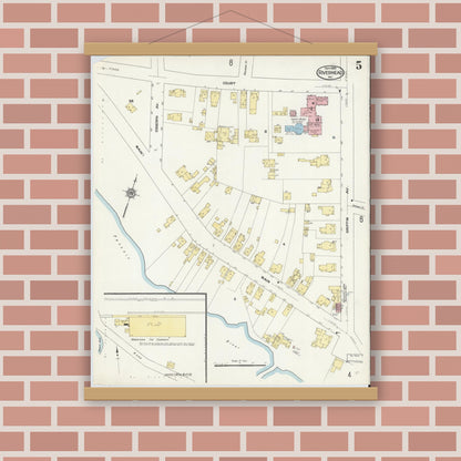 Old map wall art mockup — magnetic wood frame on brick wall — Sanborn Fire Insurance Map from Riverhead, Suffolk County, New York (1909), Sheet #0005