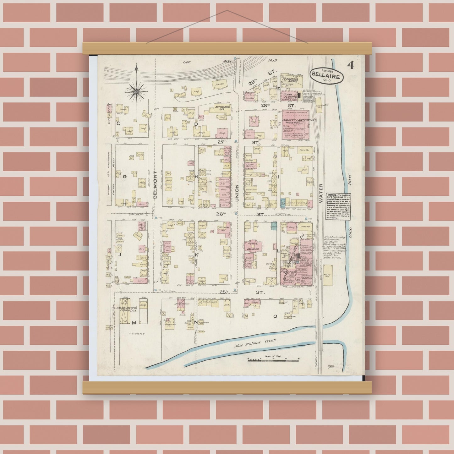 Old map wall art mockup — magnetic wood frame on brick wall — Sanborn Fire Insurance Map from Bellaire, Belmont County, Ohio (1884), Sheet #0004