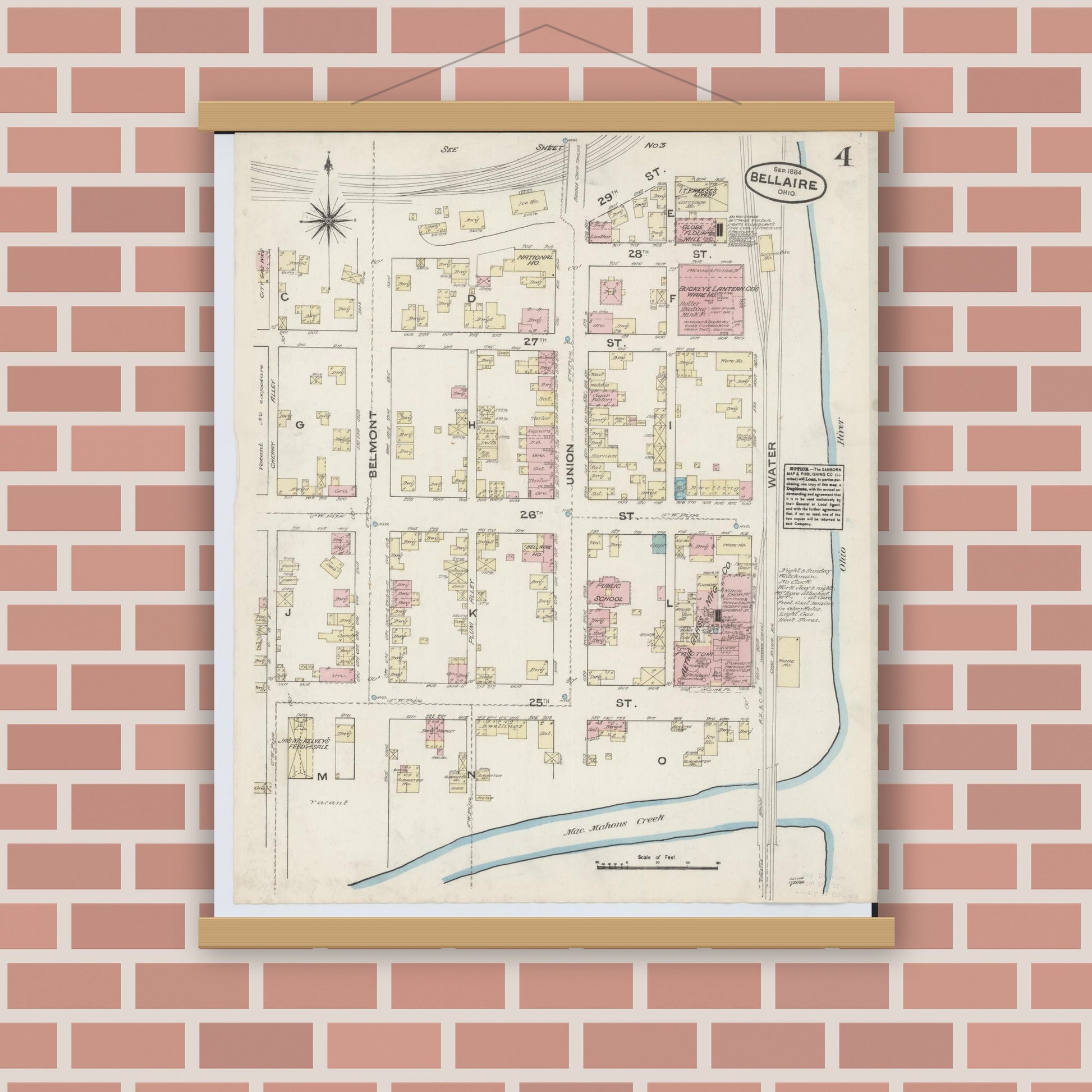 Old map wall art mockup — magnetic wood frame on brick wall — Sanborn Fire Insurance Map from Bellaire, Belmont County, Ohio (1884), Sheet #0004