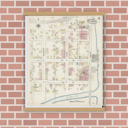 Old map wall art mockup — magnetic wood frame on brick wall — Sanborn Fire Insurance Map from Bellaire, Belmont County, Ohio (1884), Sheet #0004