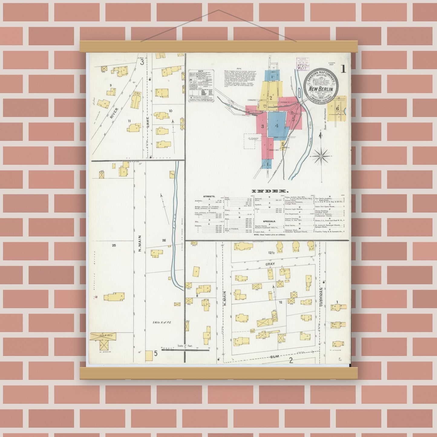 Old map wall art mockup — magnetic wood frame on brick wall — Sanborn Fire Insurance Map from New Berlin, Chenango County, New York (1905) - Complete Map Set