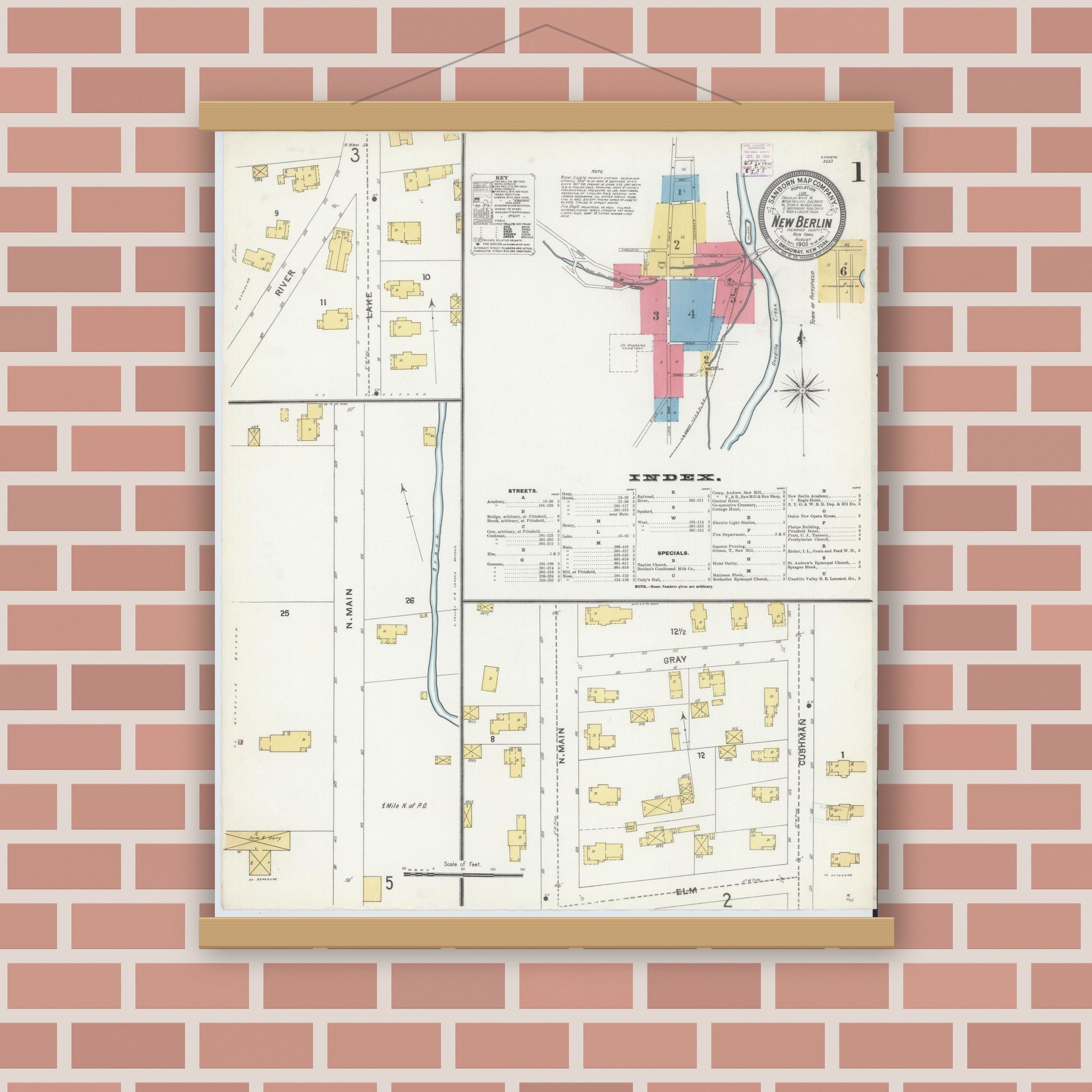 Old map wall art mockup — magnetic wood frame on brick wall — Sanborn Fire Insurance Map from New Berlin, Chenango County, New York (1905) - Complete Map Set
