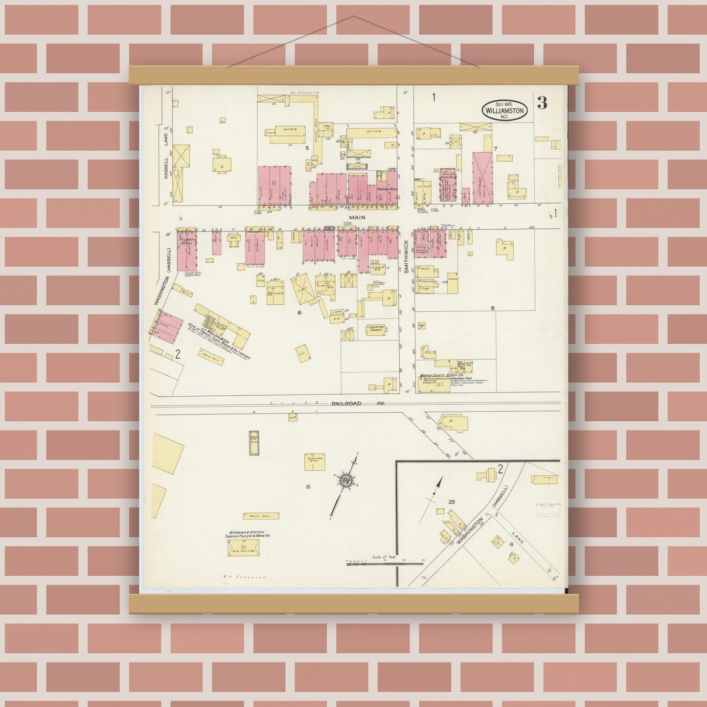 Old map wall art mockup — magnetic wood frame on brick wall — Sanborn Fire Insurance Map from Williamston, Martin County, North Carolina (1913), Sheet #0003