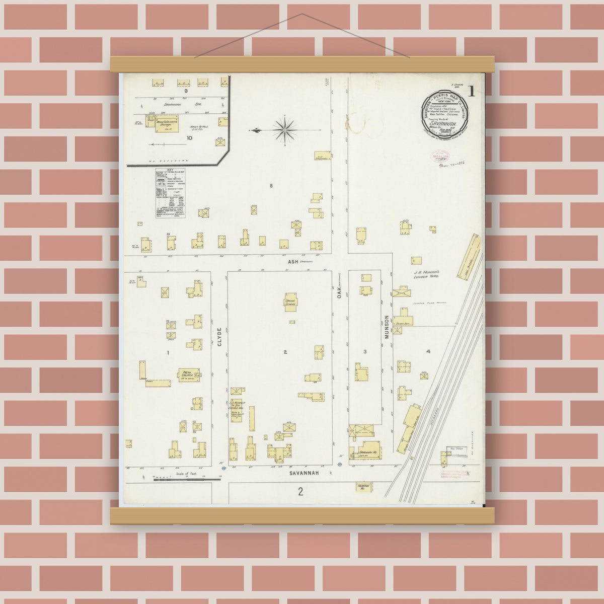 Old map wall art mockup — magnetic wood frame on brick wall — Sanborn Fire Insurance Map from Savannah, Wayne County, New York (1896), Sheet #0001