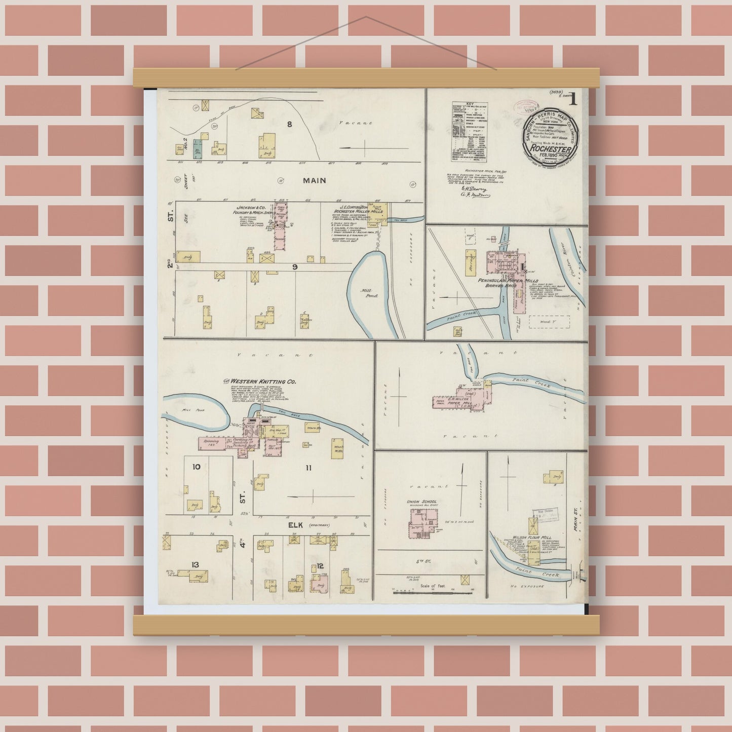 Old map wall art mockup — magnetic wood frame on brick wall — Sanborn Fire Insurance Map from Rochester, Oakland County, Michigan (1890) - Complete Map Set