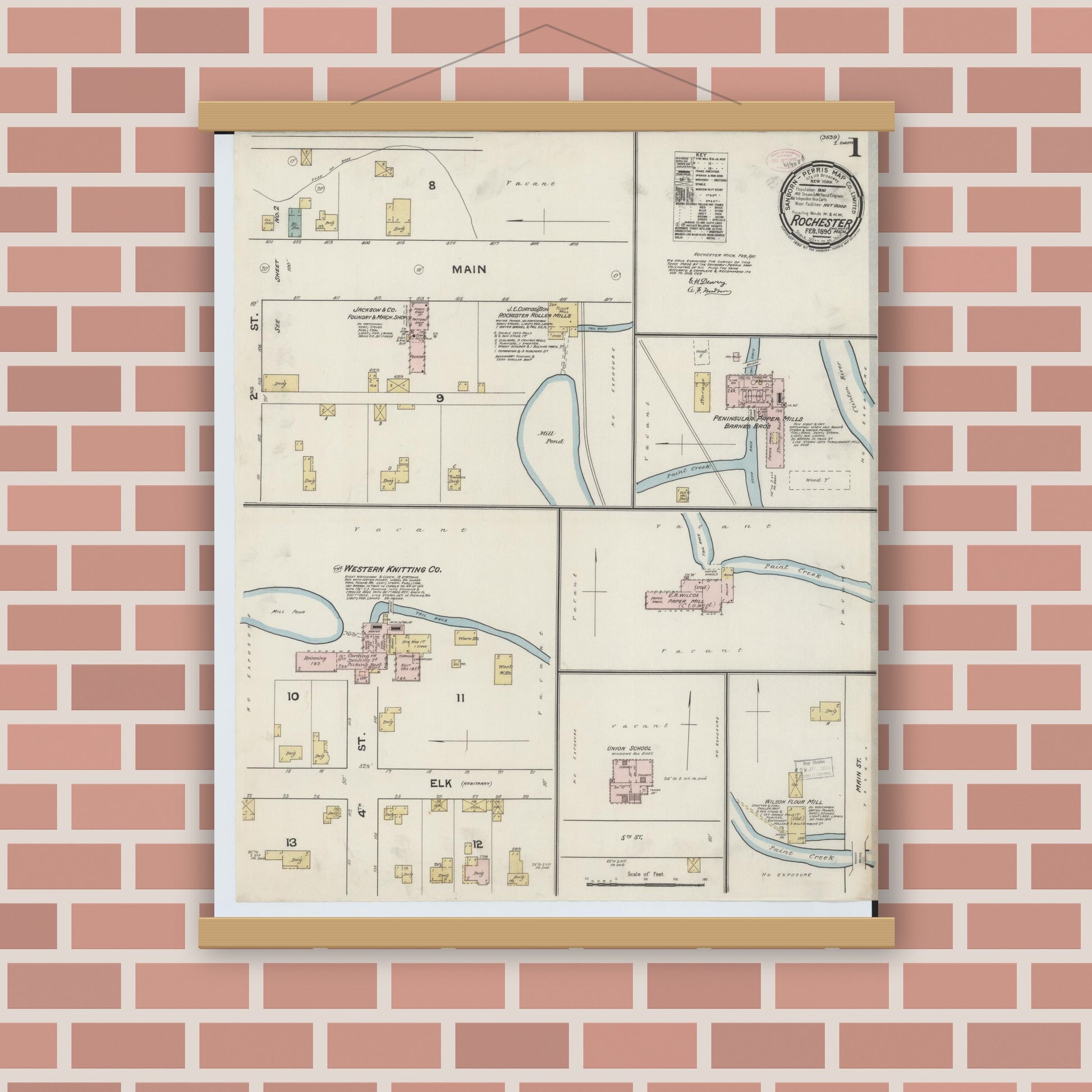 Old map wall art mockup — magnetic wood frame on brick wall — Sanborn Fire Insurance Map from Rochester, Oakland County, Michigan (1890) - Complete Map Set