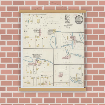 Old map wall art mockup — magnetic wood frame on brick wall — Sanborn Fire Insurance Map from Rochester, Oakland County, Michigan (1890) - Complete Map Set