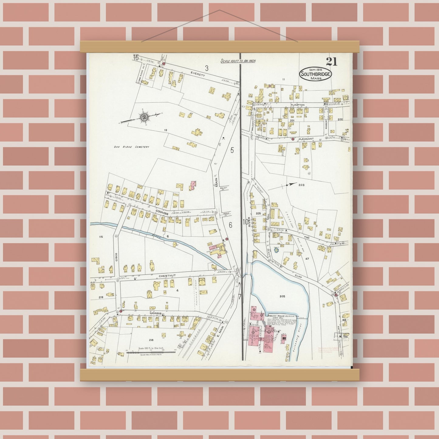 Old map wall art mockup — magnetic wood frame on brick wall — Sanborn Fire Insurance Map from Southbridge, Worcester County, Massachusetts (1918), Sheet #0021