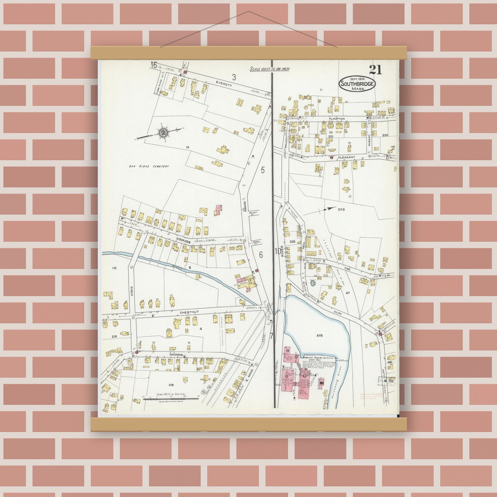 Old map wall art mockup — magnetic wood frame on brick wall — Sanborn Fire Insurance Map from Southbridge, Worcester County, Massachusetts (1918), Sheet #0021