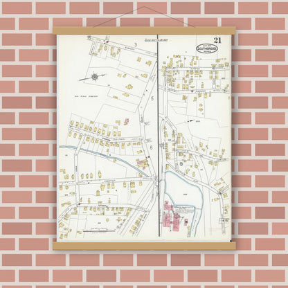 Old map wall art mockup — magnetic wood frame on brick wall — Sanborn Fire Insurance Map from Southbridge, Worcester County, Massachusetts (1918), Sheet #0021