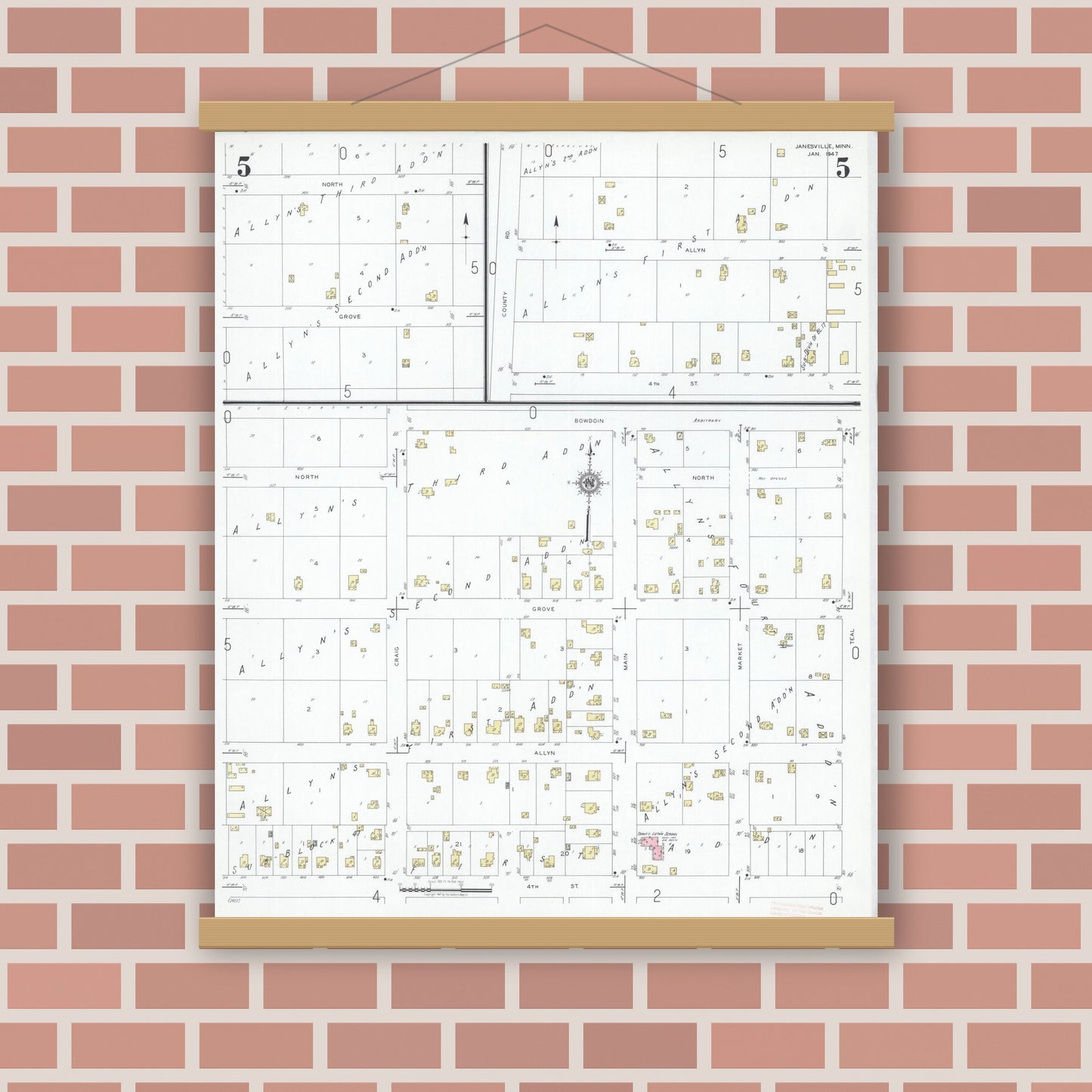 Old map wall art mockup — magnetic wood frame on brick wall — Sanborn Fire Insurance Map from Janesville, Waseca County, Minnesota (1947), Sheet #0005