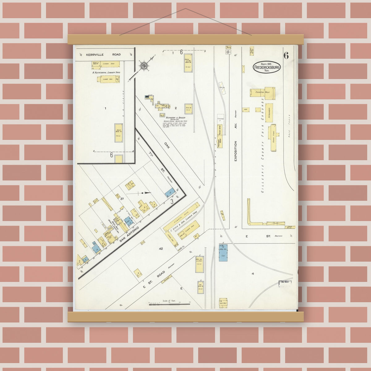 Old map wall art mockup — magnetic wood frame on brick wall — Sanborn Fire Insurance Map from Fredericksburg, Gillespie County, Texas (1915), Sheet #0006