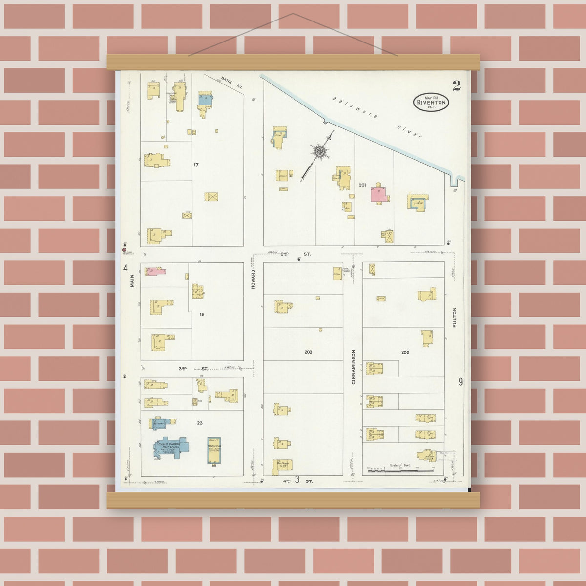 Old map wall art mockup — magnetic wood frame on brick wall — Sanborn Fire Insurance Map from Riverton, Burlington County, New Jersey (1911), Sheet #0002