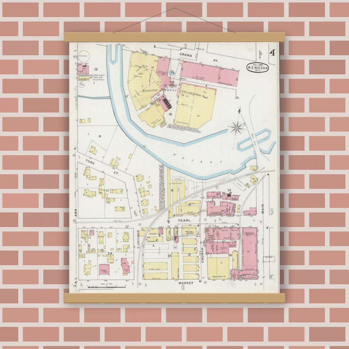 Old map wall art mockup — magnetic wood frame on brick wall — Sanborn Fire Insurance Map from Kenosha, Kenosha County, Wisconsin (1894), Sheet #0004