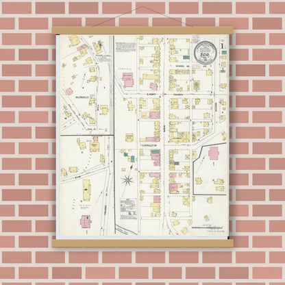 Old map wall art mockup — magnetic wood frame on brick wall — Sanborn Fire Insurance Map from Scio, Harrison County, Ohio (1907), Sheet #0001