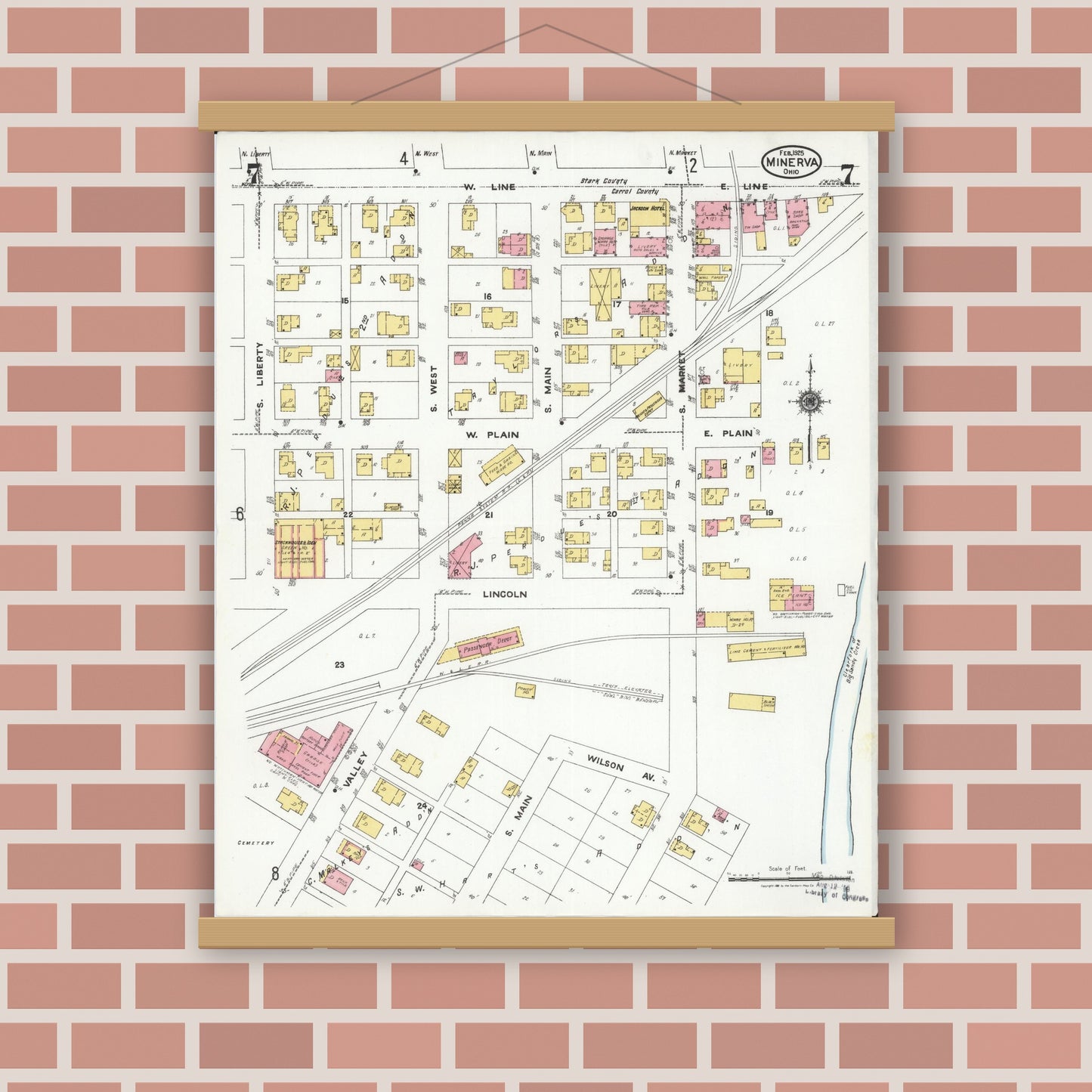 Old map wall art mockup — magnetic wood frame on brick wall — Sanborn Fire Insurance Map from Minerva, Stark And Carroll Counties, Ohio (1925), Sheet #0007