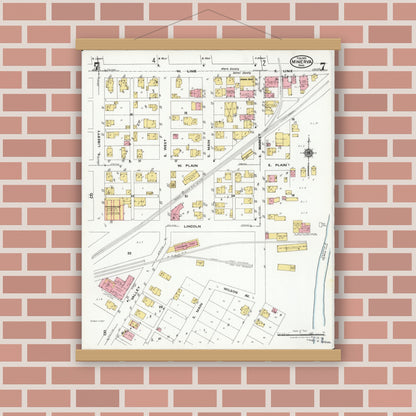 Old map wall art mockup — magnetic wood frame on brick wall — Sanborn Fire Insurance Map from Minerva, Stark And Carroll Counties, Ohio (1925), Sheet #0007