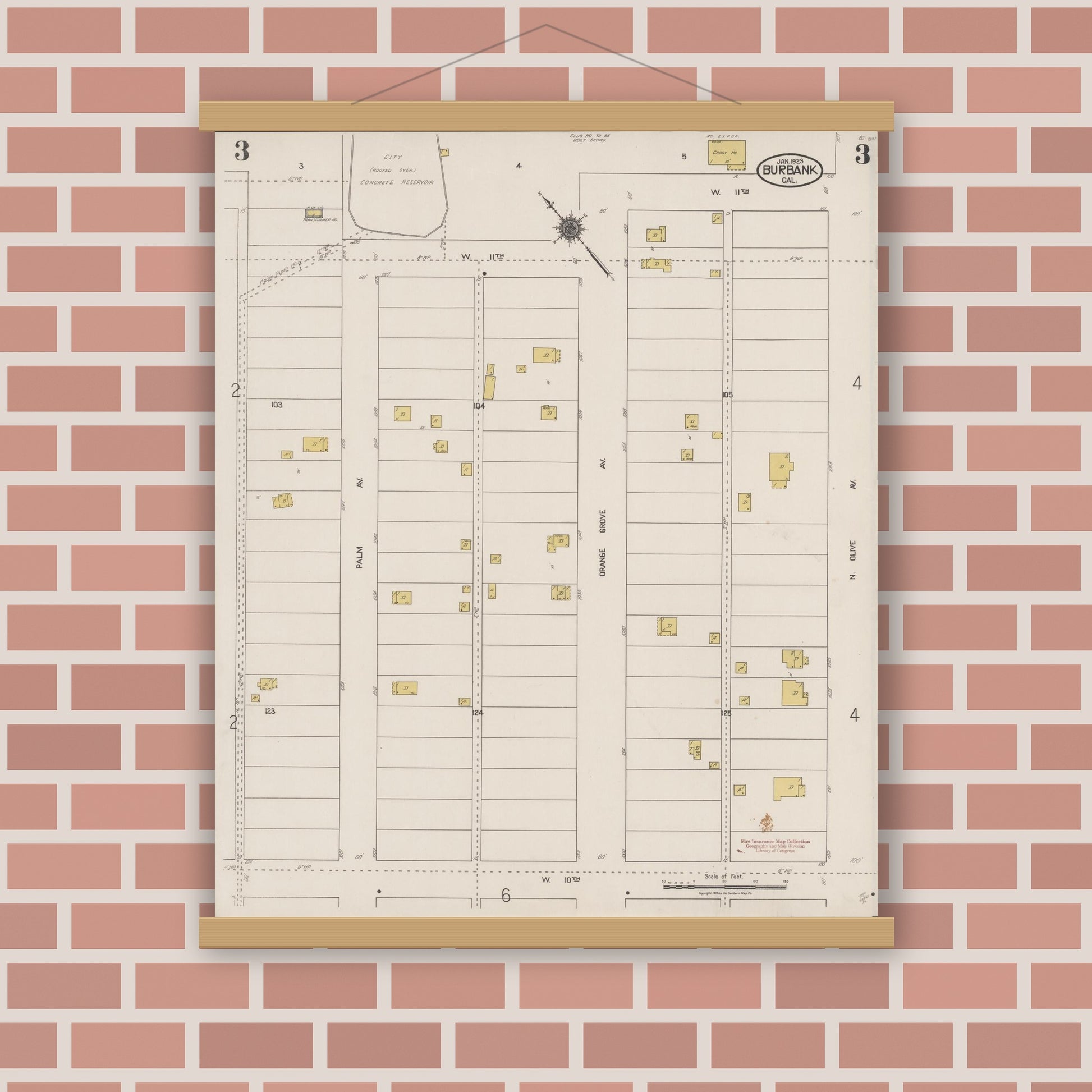 Old map wall art mockup — magnetic wood frame on brick wall — Sanborn Fire Insurance Map from Burbank, Los Angeles County, California (1923), Sheet #0003