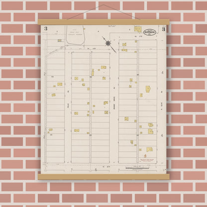 Old map wall art mockup — magnetic wood frame on brick wall — Sanborn Fire Insurance Map from Burbank, Los Angeles County, California (1923), Sheet #0003