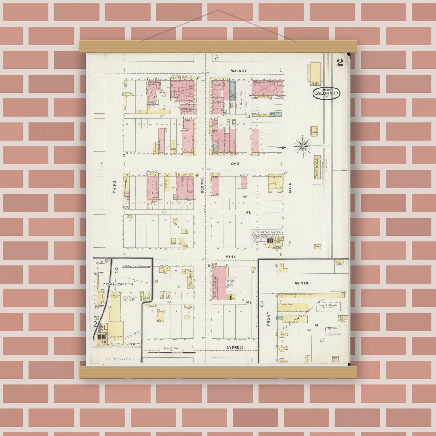 Old map wall art mockup — magnetic wood frame on brick wall — Sanborn Fire Insurance Map from Colorado, Mitchell County, Texas (1896), Sheet #0002