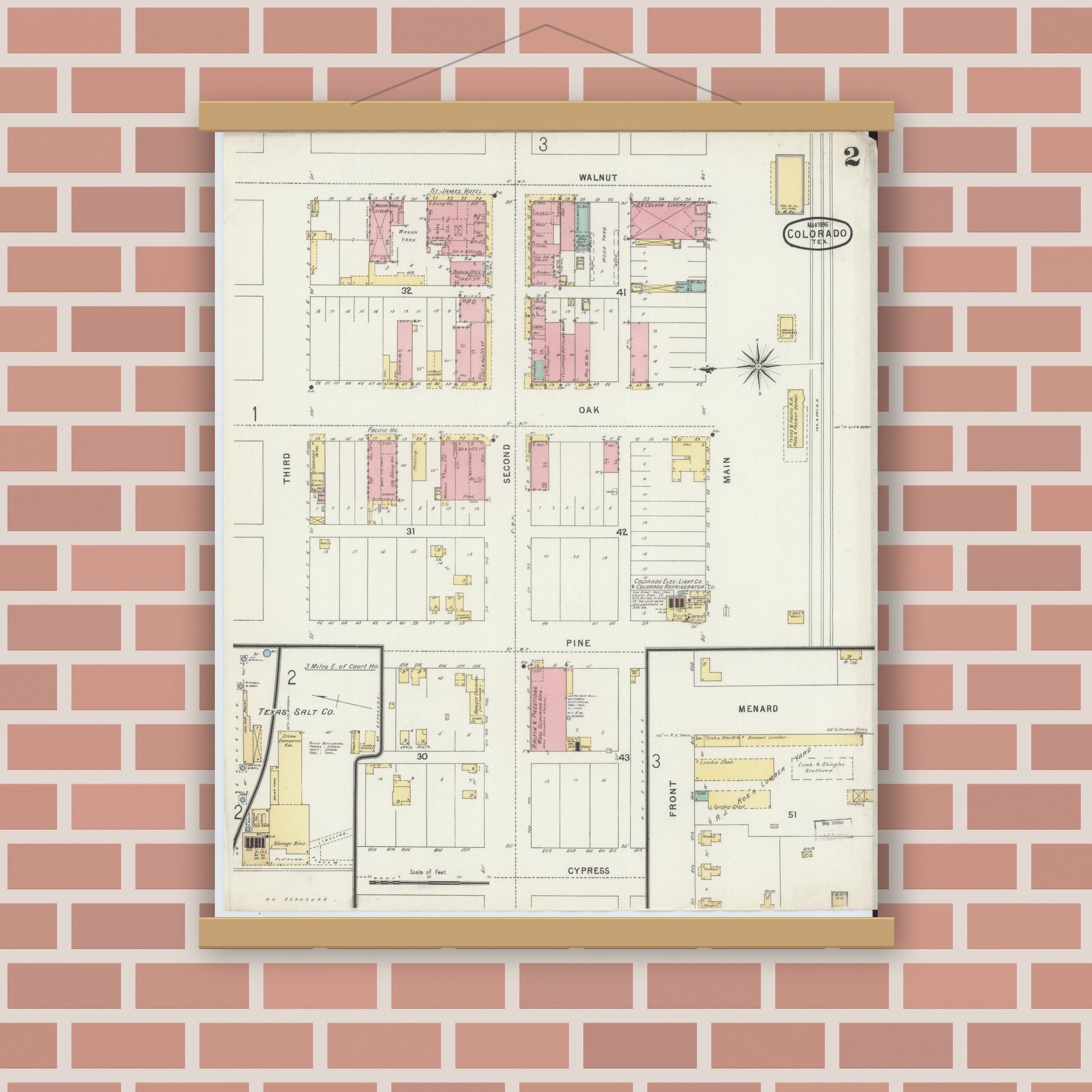 Old map wall art mockup — magnetic wood frame on brick wall — Sanborn Fire Insurance Map from Colorado, Mitchell County, Texas (1896), Sheet #0002