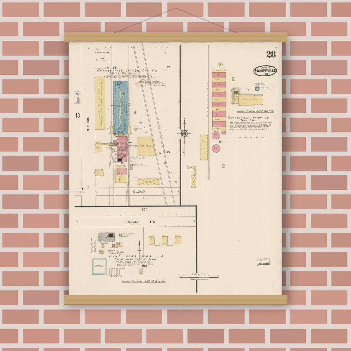 Old map wall art mockup — magnetic wood frame on brick wall — Sanborn Fire Insurance Map from Gainesville, Cooke County, Texas (1922), Sheet #0028