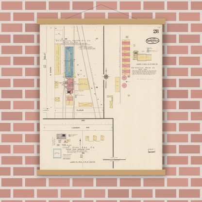 Old map wall art mockup — magnetic wood frame on brick wall — Sanborn Fire Insurance Map from Gainesville, Cooke County, Texas (1922), Sheet #0028