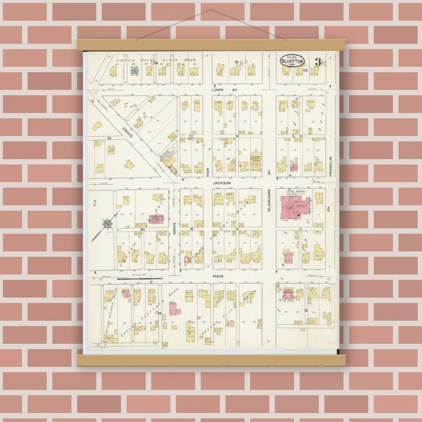 Old map wall art mockup — magnetic wood frame on brick wall — Sanborn Fire Insurance Map from Bluffton, Allen County, Ohio (1916), Sheet #0003