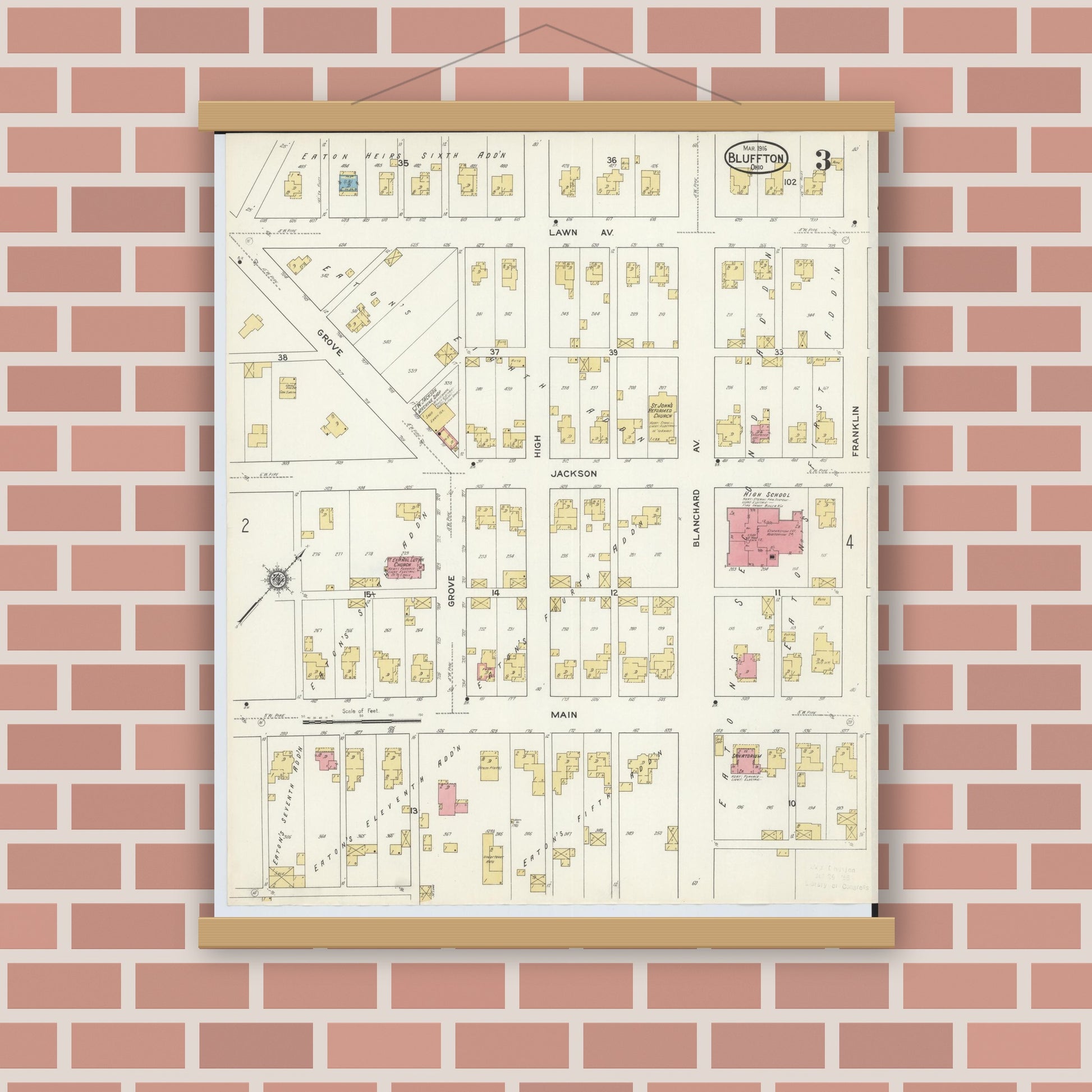 Old map wall art mockup — magnetic wood frame on brick wall — Sanborn Fire Insurance Map from Bluffton, Allen County, Ohio (1916), Sheet #0003