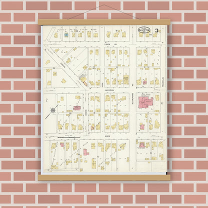 Old map wall art mockup — magnetic wood frame on brick wall — Sanborn Fire Insurance Map from Bluffton, Allen County, Ohio (1916), Sheet #0003