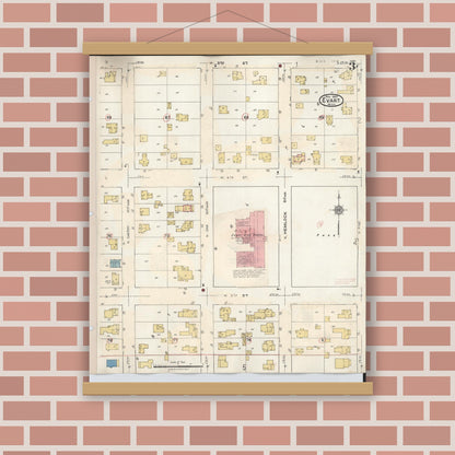 Old map wall art mockup — magnetic wood frame on brick wall — Sanborn Fire Insurance Map from Evart, Osceola County, Michigan (1942), Sheet #0003
