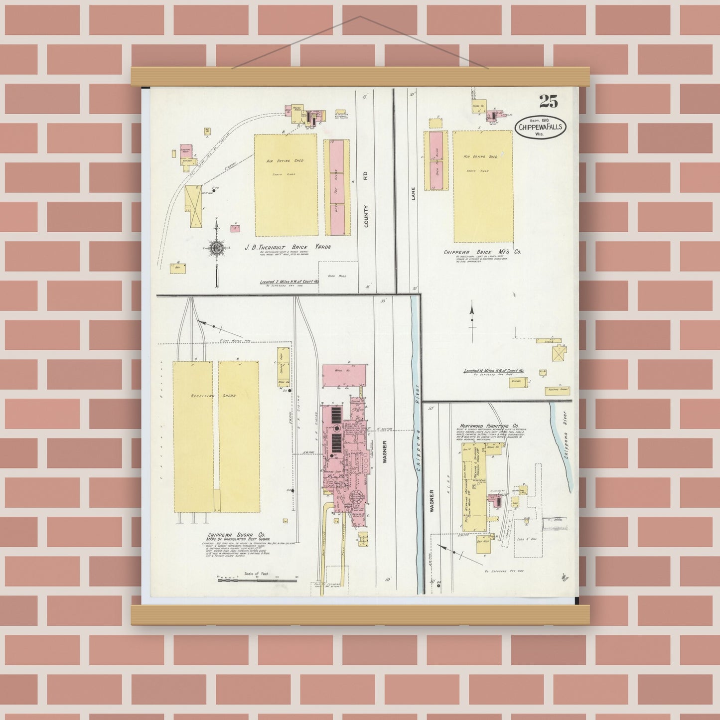 Old map wall art mockup — magnetic wood frame on brick wall — Sanborn Fire Insurance Map from Chippewa Falls, Chippewa County, Wisconsin (1910), Sheet #0025